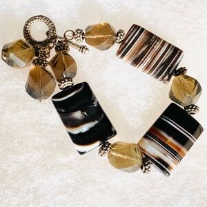 OOAK Handmade Statement Botswana Agate Bracelet Brown Cream Black Large Stones